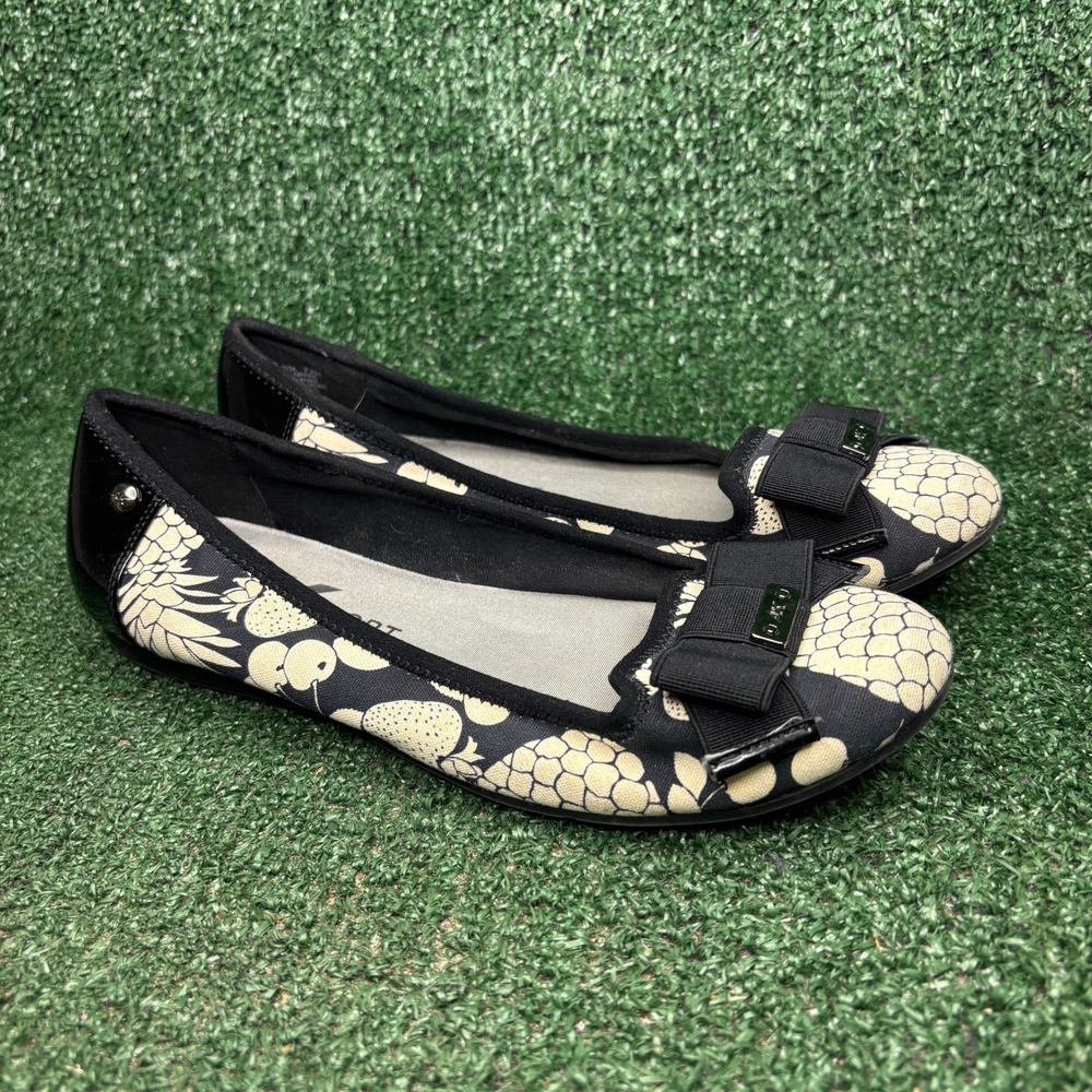 Anne Klein AK Sport Alivia Fruit Print Bow Comfort Ballet Flat Black Womens 7.5M